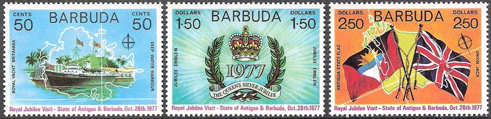 Barbuda 1977 Royal Visit Royal Yacht and Flags MNH (SC# 302-304) - Image 1 of 1