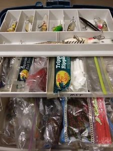 Plano Tackle Box w/ 9 Vintage Top Water Lures and 16 Packs Softbait *See Descrip - Picture 1 of 5
