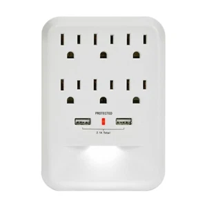 CP 6-Outlet 600 Joule Wall-tap w/ 2 USB-A & Nightlight, CP30005 - Picture 1 of 8
