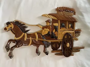 Carro de caballos vintage tallado a mano arte pared decoración del hogar placa recuerdos asiáticos - Imagen 1 de 9