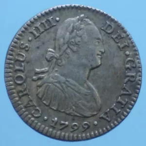 MEXICO CARLO IV REAL 1799 ARGENTO SILVER COIN belBB GRAFFI AL ROVESCIO - Foto 1 di 2