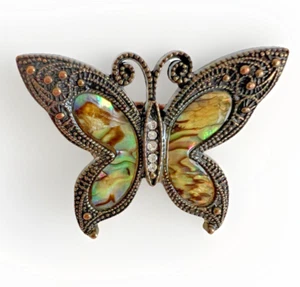 Butterfly Adjustable Band Ring Faux Abalone Shell Copper Tone Clear Rhinestones - Picture 1 of 5
