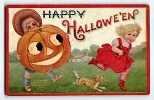 Antique Halloween Postcard Boy Holds Human Faced JOL Dog Girl Run Scared 1908 - Picture 1 of 2
