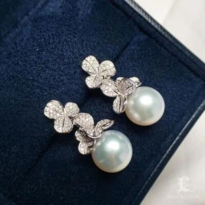 2Ct Round Natural Pearl Flower Drop Dangle Earrings 14K White Gold Silver Plated - Image 1 of 4
