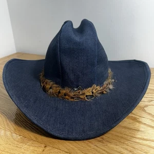 Vintage Stetson Cowboy Western Hat Mens Small Blue Denim Feather Bull Ride Rodeo - Picture 1 of 23