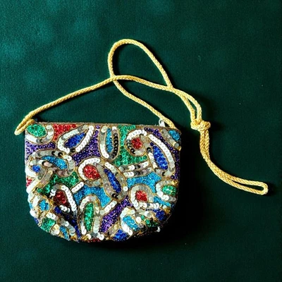 Bolso de Noche Vintage con Cuentas Lentejuelas Multicolor Cartera Cuerda Dorada Correa Bolso sin asas Foto 1 de 4