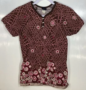Blusa Médica Mujer Talla XS Extra Pequeña de Barco Diseño Marrón y Rosa Flores - Imagen 1 de 3