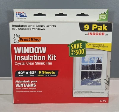Kit de película retráctil de aislamiento de ventana interior paquete de 9 42" X 62" 1,5 mil Frost King nuevo Foto 1 de 4