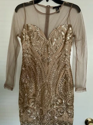 Forever 21 Nude Sheer Mesh Long Sleeve Gold Sequin Sheath Mini Party Dress Sz M - Image 1 of 4