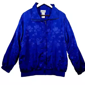 Womens 90s Blue Lined Windbreaker Jacket Size S Lined Floral Jacquard Grannycore - Picture 1 of 14