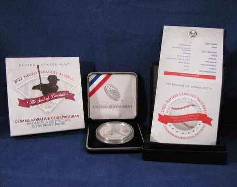 2022-P Negro Leagues Baseball Proof Silver Dollar w/Privy Mark, Complete OGP Cover