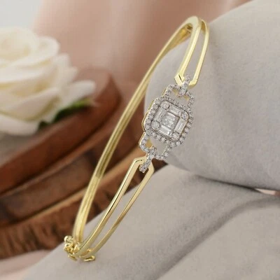 Baguette Lab Grown CVD Diamond Bangle 18k Yellow Gold Bracelet Jewelry 0.60 Ct - Image 1 of 4