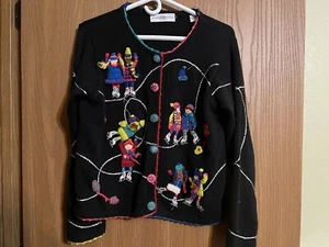 Christmas Ice Skaters All Over Knit Novelty Cardigan Ugly Sweater Womens Medium - Picture 1 of 12