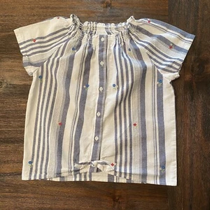 Gap Kids Girl Blue Striped w/ Floral Embroidery Tie Front Button Up Top Size XL - Picture 1 of 8
