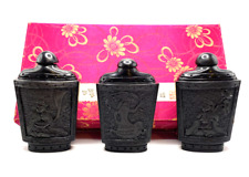 VERY RARE! ANTIQUE SET OF 3 CHINESE BLACK JADE SNUFF BOTTLES - EXC COND!!