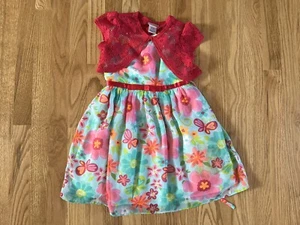 Girls Easter Spring Flower Dress Size 5 With Shrug Blue Pink - Picture 1 of 3