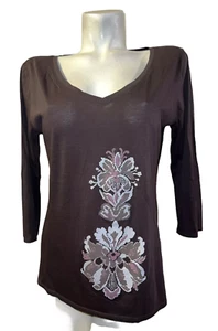 LUCY Top Women's Sz XL Brown Pima Cotton Lightweight V-Neck 3/4 Slv T-shirt Tee - Picture 1 of 5