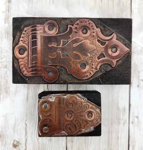 Antique Copper Wood Hinge Print Block X2 Intricate Template Ornate Hardware Cover