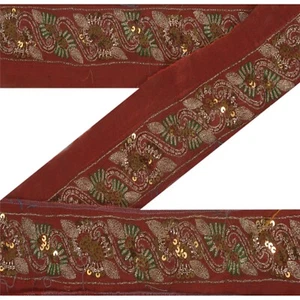 Sanskriti Vintage Sari Border 1 Yd Craft Dark Red Trim Hand Beaded Sewing Lace - Picture 1 of 6
