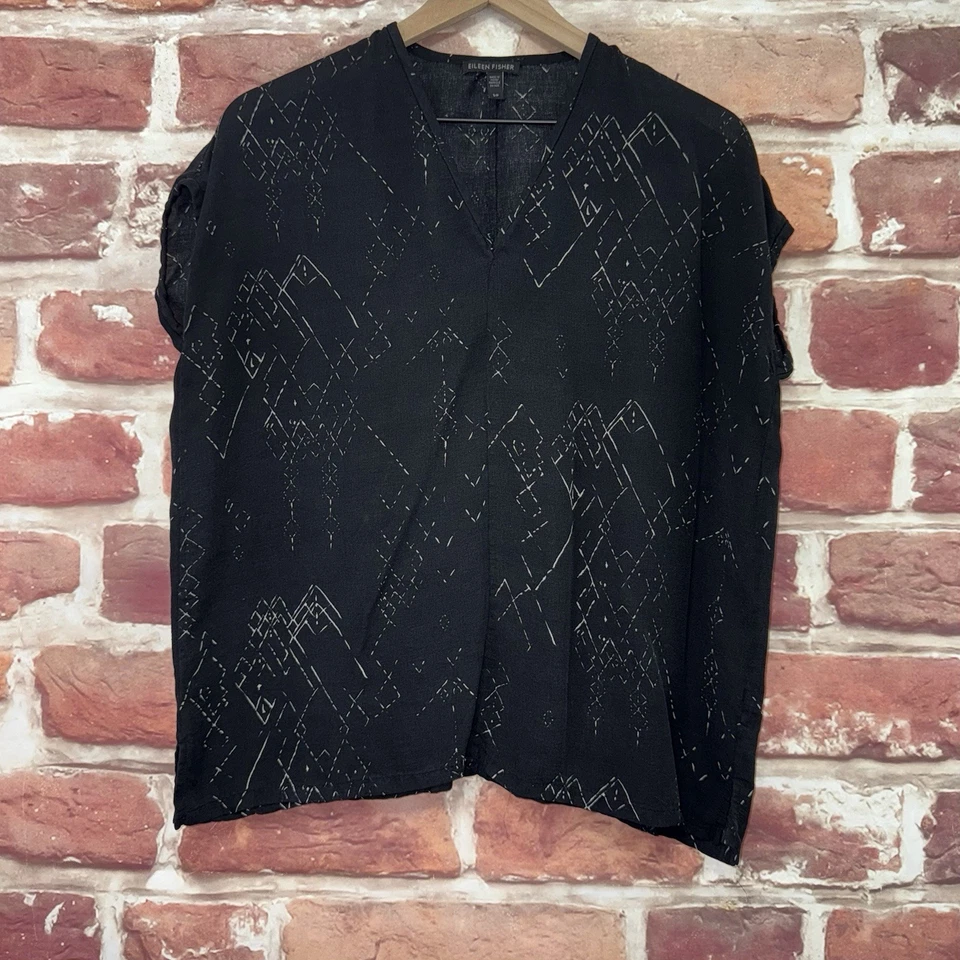 Женская футболка Eileen Fisher Top Small Petite черная шелковая смесь Artsy абстрактная - Изображение 1 из 4