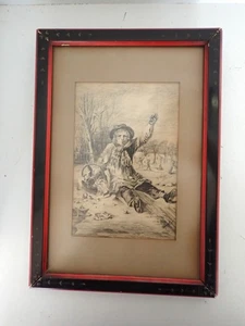 Antique Charcoal Painting Signed Vanek Eastlake Frame Under Glass Black & Red - Picture 1 of 10