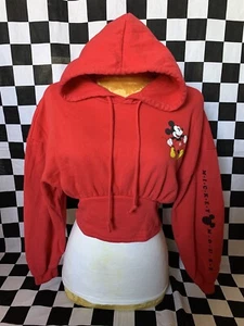 DISNEY Logo MICKEY MOUSE Crop Hoodie RED Sweatshirt FITTED Elastic Waist Sz M - Picture 1 of 15