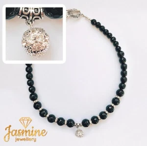 Black Natural Gemstone Faceted Necklace 14mm, Silver Plated Rhinestone Pendant. - Picture 1 of 10