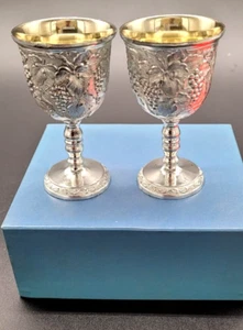 Vtg WEBB Tarnish Resistant Pair Silver Goblets Grape design gold interior in box - Picture 1 of 7