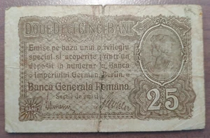 RUMANIA ROMANIA GERMAN OCCUPATION WWI BANCA GENERALA ROMANA 25 BANI 1917 PM1 BC+ - Picture 1 of 2