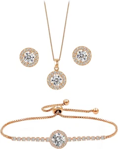 round Earrings Necklace Bracelet Jewelry Set for Women Bridal Bridesmaid Wedd... - Picture 1 of 1