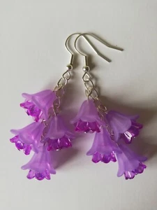 Long Drop / Dangle Earrings - Fuchsia / Flower Cluster - Purple / Lavender - Picture 1 of 5