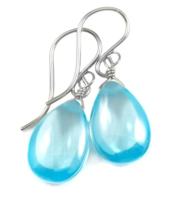 14k Solid Gold Cubic Zirconia Earrings Simulated Aquamarine CZ Sterling Drops - Image 1 of 4