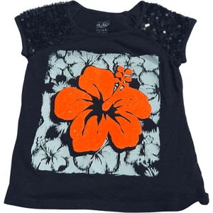 Justice Girls Sequin Sleeve Glitter Hibiscus Graphic Tee Shirt Size 7 Black Flor - Picture 1 of 11
