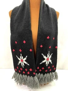 Thick Wool Blend Scarf Black Red White Snowflake Fringe Lined Warm Winter 57-7" - Picture 1 of 7