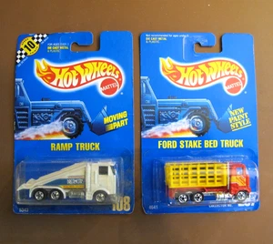 1990 1991 Hot Wheels Blue Card Ford Stake Bed Truck #37 & Ramp Truck #108 - Picture 1 of 7