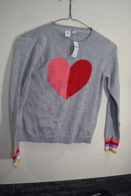 Gap Kids Sweater GIRLS XL Two Tone Heart Intarsia Gray Pullover Cotton Knit NEW - Image 1 of 4
