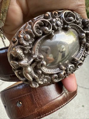 "Cinturón de cocodrilo Brighton vintage 31"" ángel tono plata hebilla cuero marrón" Foto 1 de 4