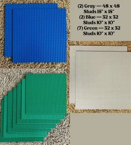 LEGO Lotto di 11 Piastre di Base - (2) 15x15 (9) 10x10 Verde Blu Tan - Foto 1 di 4