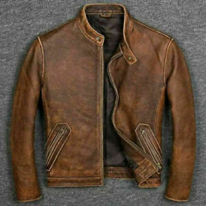 Men's Biker Cafe Racer Vintage Motorcycle Distressed Tan Brown Leather Jacket