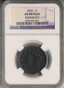 1838 CORONET HEAD LARGE CENT **NGC CERTIFIED AU DETAILS** FREE SHIPPING!! - Picture 1 of 2