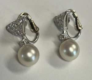 Estate Jewelry 0.80 Ctw Diamond & Pearl Drop Earrings Platinum 1" Long - Picture 1 of 7