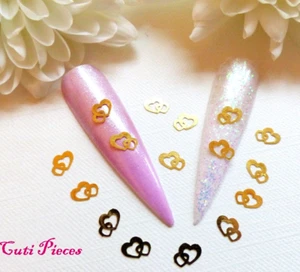 Nail Art Gold Valentine Double Entwined Hearts Small Thin Metal Spangle 50pc 3VH - Picture 1 of 2