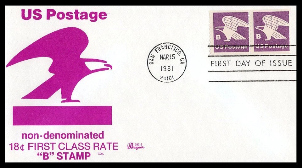 US FDC # 1820 "B" Rate (18c) Eagle Coil Bazaar PAIR  1981, 9p6681 - Image 1 of 1