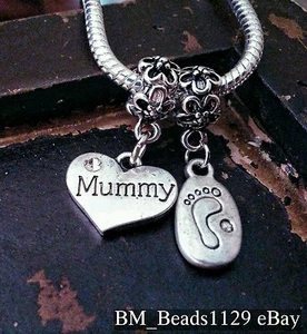 Mummy Heart Remember & Baby Child Footprint European Dangle Charms Beads for Mom - Picture 1 of 4