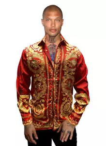 Avenue George V Paris Men's Long Sleeves Shirt Red Diamond Golden Rhinestone - Picture 1 of 2