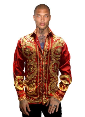 Avenue George V Paris Men's Long Sleeves Shirt Red Diamond Golden Rhinestone - Image 1 of 2
