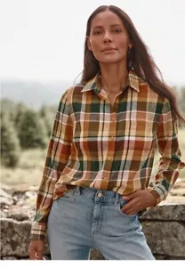 Camisa de Franela Esencial de Algodón Orgánico Garnet Hill Cuadros Dorada Puesta de Sol Talla 6 - Imagen 1 de 7