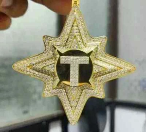 3Ct Round Cut Real Moissanite Custom Letter Men's Pendant 14K Yellow Gold Plated - Picture 1 of 11