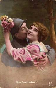  Vintage French Couple Love Romance RPPC Postcard ~ My Beautiful ~ Soldier - Picture 1 of 3