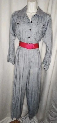 VTG 80s Black & White Houndstooth Check Button Up Jumpsuit w/Red Belt LS Sz S/M - Image 1 of 4